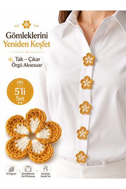 NEHOLİA El Örgüsü Gömlek Ceket Aksesuarı 5'li Set Çiçek Broş Tak Çıkar Düğme ...