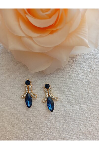 Pervin Ablacım Elegant Gold Earrings with Navy Blue Stones