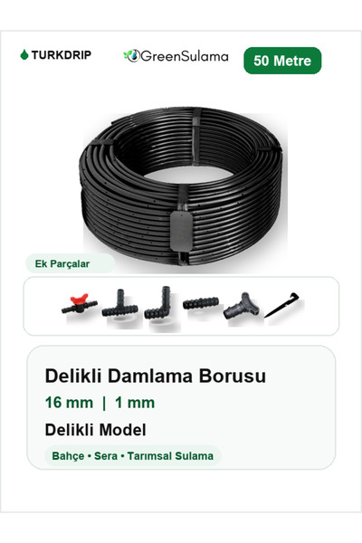 Green GREENSULAMA 16 mm Düz Delikli Damlama Borusu 50 Metre Bahçe Sera Sulama