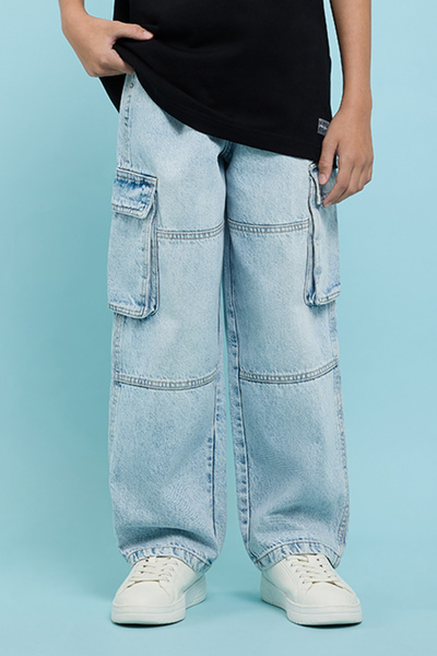 R&B Washed Baggy Fit Jeans with Button Closure