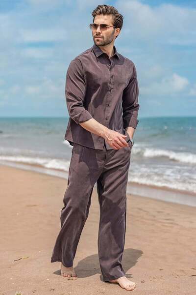 Madmext Brown Tencel Fabric Men's Shirt and Trousers Set E7365