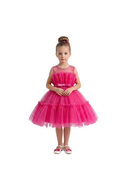 Bidani - Girls Ruffle Party Dress with Satin Bow - Hot Pink, Yellow - 1Y to 10Y