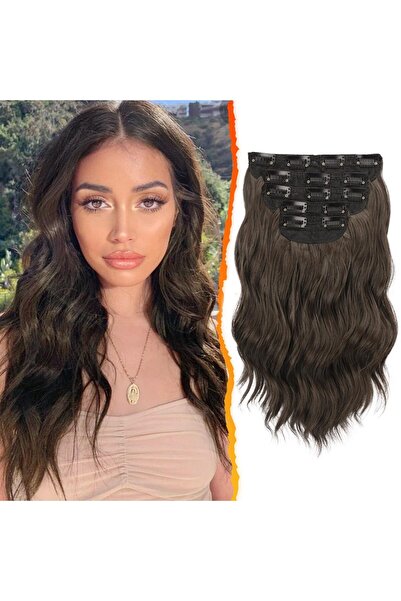 OEM Extensii de păr ondulate cu clips, 35 cm – Maro ciocolată închis, 5 bucăți