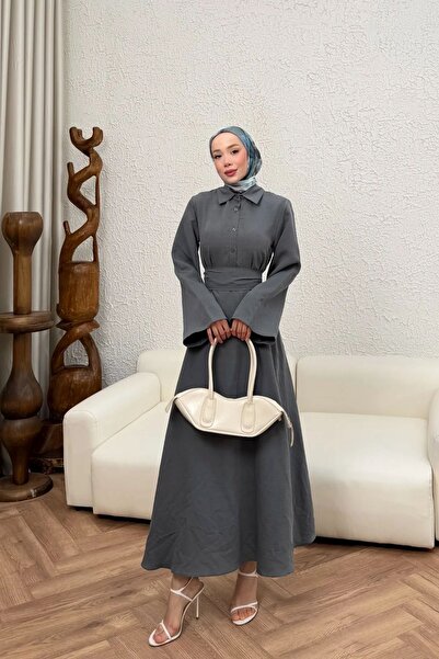 Gülşah collection Belt Detailed Shirt Collar Tencel Dress - Gray