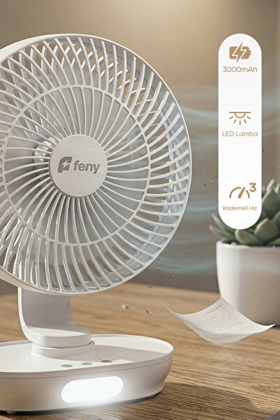 Feny Oscilla 8 İnç 180° Döner Başlıklı Masaüstü Vantilatör 3000mAh Şarjlı LCD Lambalı 3 Hız Kademeli Fan