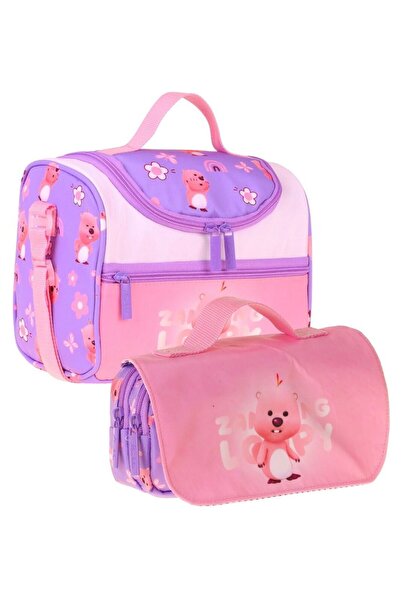 KAUKKO Kids Girl's Loopy Printed Lilac - Pink Thermo Lunch Box and Pen Holder...