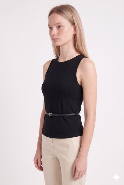 MOVİMENT Black Crepe Thick Strap Blouse with Belt Detail at the Waist |   Fitted Fit Crew Neck Sleeveless Standard Length Stylish Daily Casual Women's Blouse |   Modern Belted Top Clothing