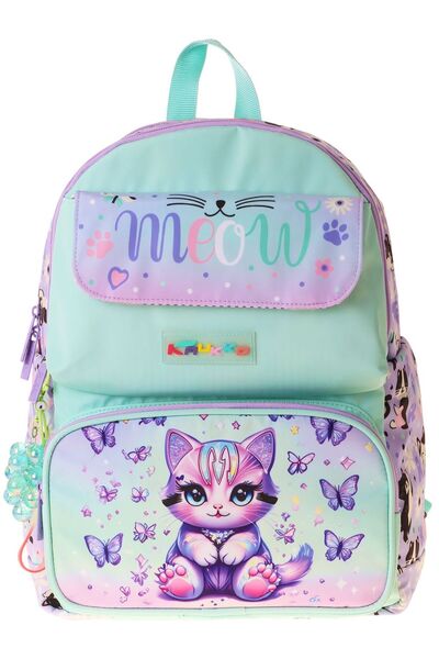 KAUKKO Kids Kız Çocuk Mor Kedi Desenli Okul Çantası - Yeşil - Mor - Meow - L5288