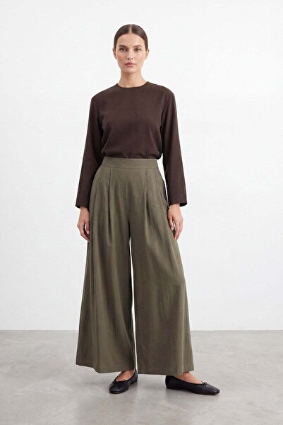 Puane Kadın Beli Lastikli Geniş Paça Dokuma Pantolon – 18310PNT - KHAKI