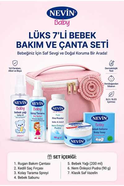 nevin 7'li Bebek Bakım Seti ve Şık Taşıma Çantası - Doğal İçerikli Komple Bakım