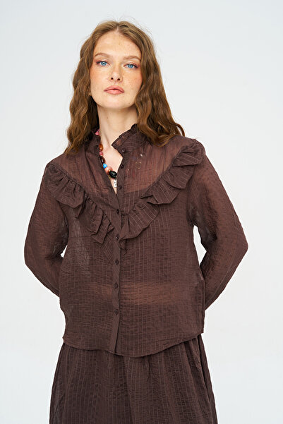 Orfeo Negro Women's Stand-Up Collar Ruffled Striped Shirt