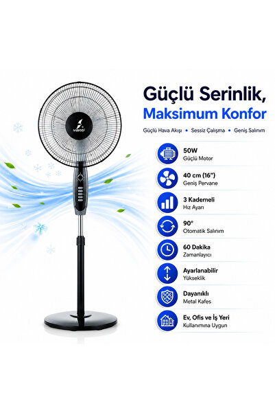 Sarı Aydınlatma Vanti KCF272L 16'' Ayaklı Vantilatör 50W – 3 Kademeli Güçlü S...