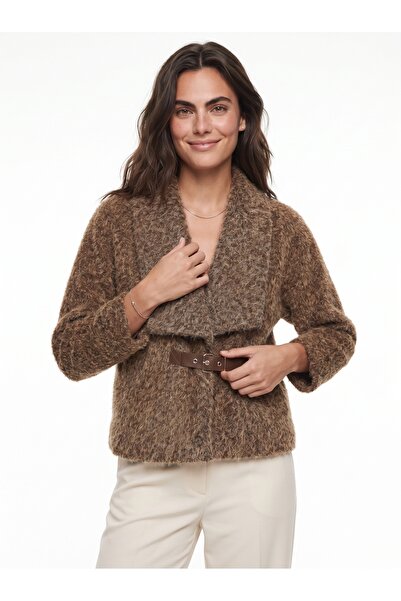 ONLOOX Camel Felt Fabric Lined Jacket with Waist Belt Detail and Wide Collar ...