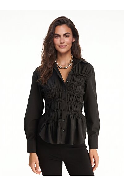 ONLOOX Black Cotton Poplin Classic Shirt with Collar, Waist-Tied Drawstring D...