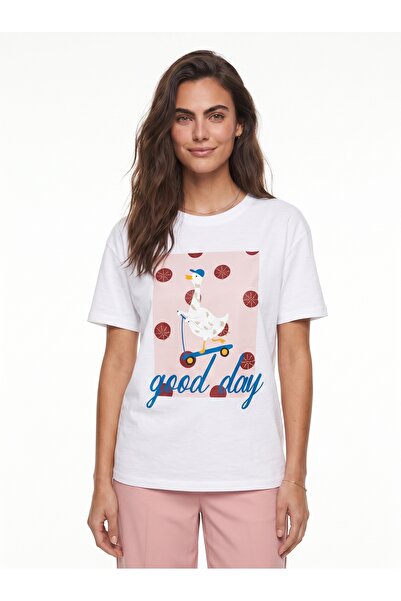 ONLOOX White Soft Textured Crew Neck Short Sleeve Relaxed Fit Figure Printed ...