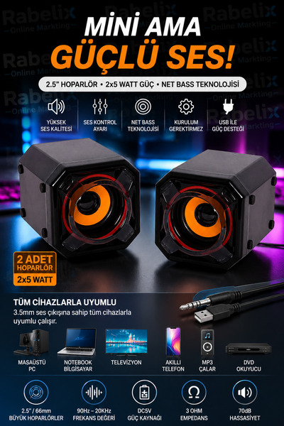 Rabelix Online Marketing USB 2.0 Multimedya Hoparlör 2x5W Güçlü Bass Ses Sist...