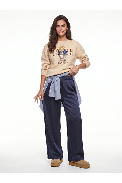 ONLOOX Navy Blue Satin High Waist Wide Leg Elastic Waist Comfortable Cut Pants