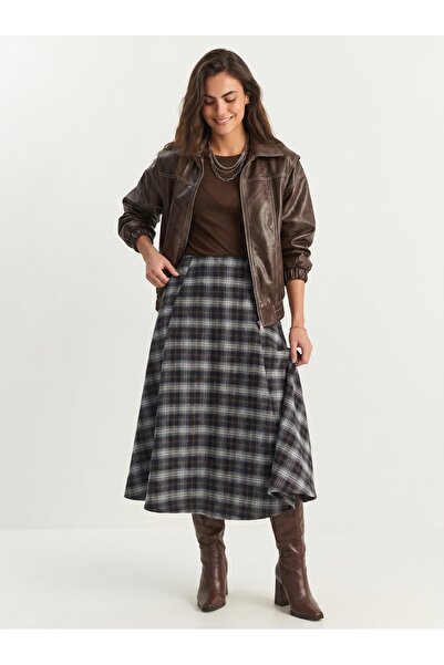 ONLOOX Navy Blue White Plaid Patterned High Waist A-Line Long Woven Skirt wit...