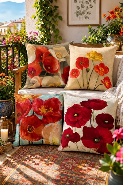 EVPANYA Set de 4 huse de pernă cu model de flori de mac