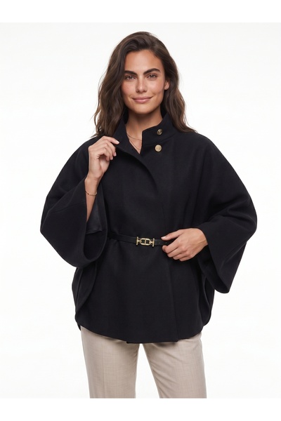 ONLOOX Black Wool Lycra Stretch Fabric Stand Collar Belted Gold Button Detail...