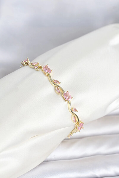Clariss Brass Gold Color Pink Zircon Stone Flower Model Women's Bracelet