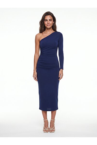 ONLOOX Navy Blue Lycra Stretch Fabric One-Shoulder Long Cut Dress with Gather...