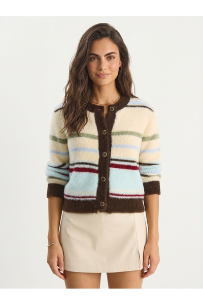 ONLOOX Brown Beige Very Soft Textured Crew Neck Buttoned Striped Knitted Swea...