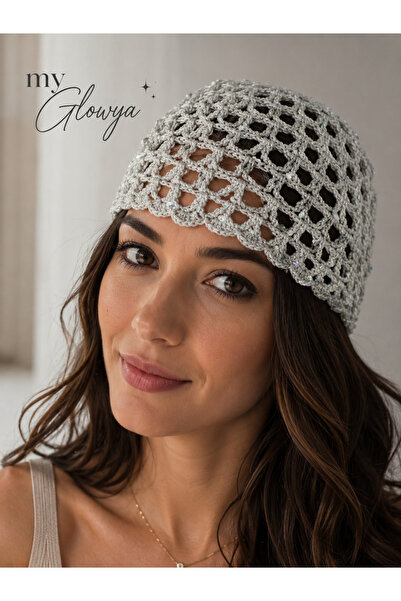 My Glowya Women's Sequin Detailed Hand-Knitted Mesh Beanie - Bohemian Stylish...
