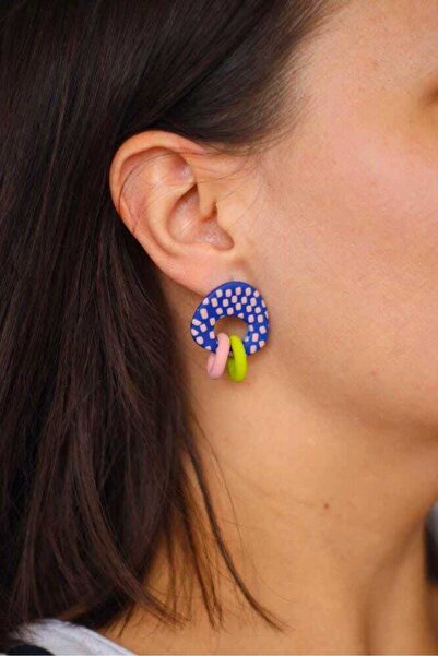 Nina Luz handmade Cercei din argilă polimerică, Blue Polka Dot Organic Shape,...