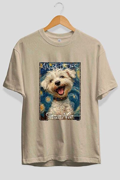 Ankhises For Dog Lovers 38 Front Dog Printed Beige Oversize T-Shirt 100% Cott...