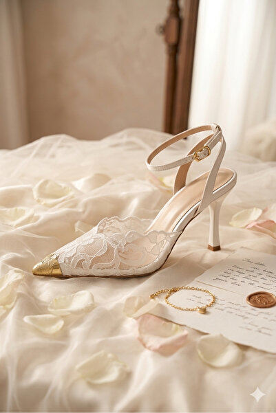 HONCIE Ankle-Tied Lace Stiletto Evening Dress Shoes Gold Detailed Bridal Shoes