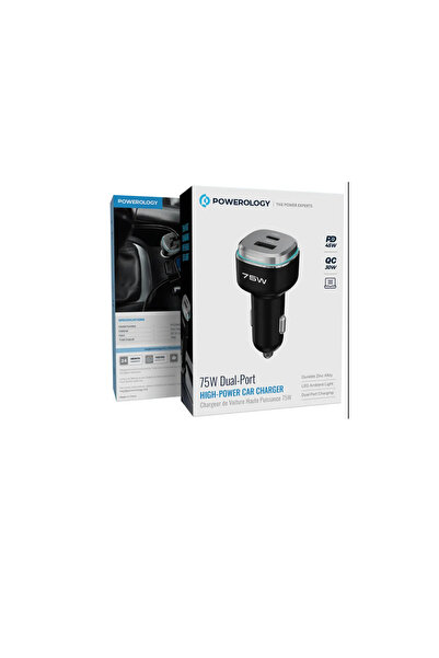 Powerology 75W Dual-Port High-Power Car Charger with Lightning Cable Black/ Grey