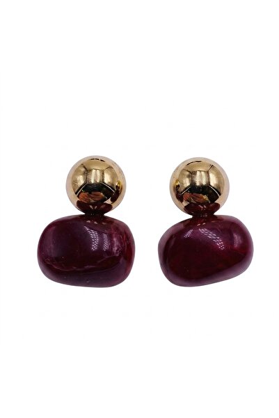 ByLindAtelier Bordo Epoksi Küpe Gold Top Detaylı Büyük Tasarım Küpe