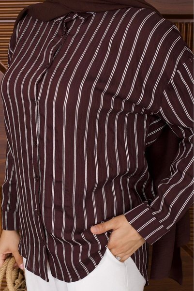 FRESH FASHION Shirt, Striped Andora Linen Summer Shirt with Long Back