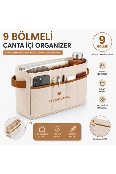 YeferStore 9 Bölmeli Kadın Çanta İçi Düzenleyici Organizer, Makyaj Organizeri...