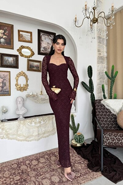 Caddebostan Moda Women's Ruched Long Sleeve Square Neck Midi Dress Stylish Ev...