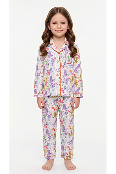 Çocuk Pijama Takımı | Sea Whimsy Desenli Gömlek Yaka Uzun Kollu