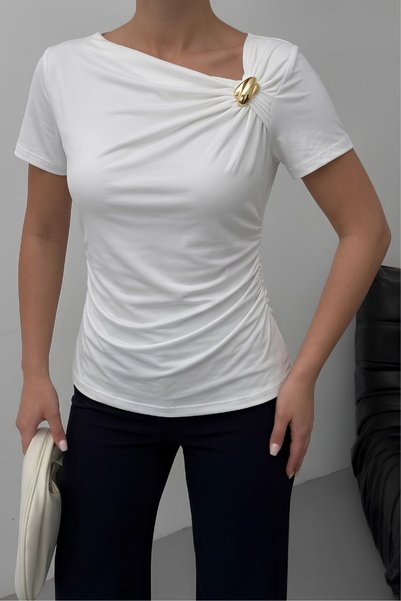 spirituel Women's T-Shirt Short Sleeve Asymmetrical Collar Gold Buckle Detailed Gathered Stylish Cotton Blouse