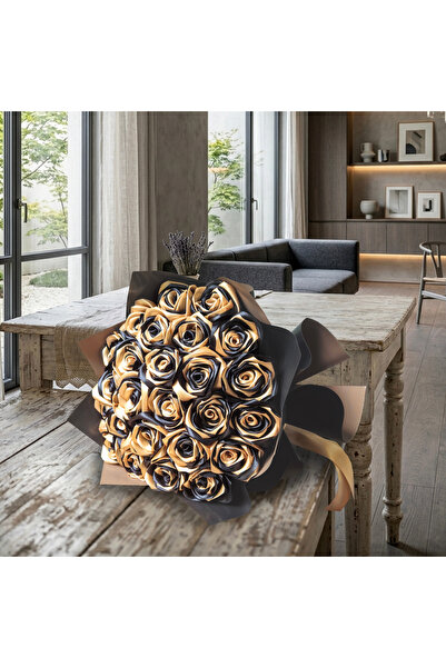 Boutique Bellaria Buchet 25 Trandafiri de Lux din Satin Negru cu Auriu | Flor...