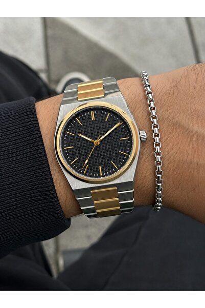 Leerybee Premium Erkek Kol Saati ve Çelik Bileklik Seti | Gold Gümüş Kordon S...