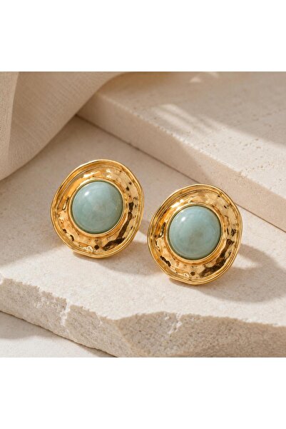 So Much Accesories Gold Framed Water Green Stone Detailed Women's Earrings