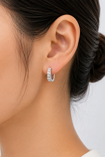 Balenbi Women's Tarnish Resistant Steel Silver Color Zircon Stone Hoop Earrin...