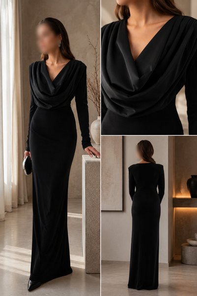 Nobrand Elegant Black Long Evening Dress with Draped Collar and Straight Cut - Long Sleeve