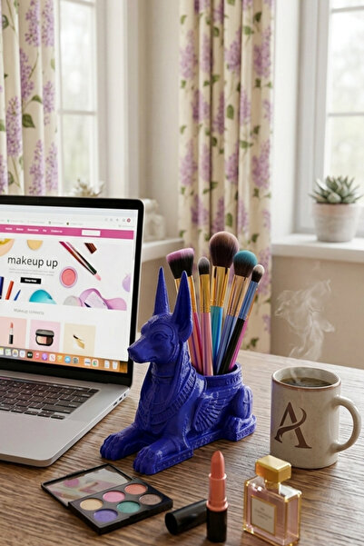 Küp Atölye Multi-Purpose Desktop Makeup Brush Organizer with Anubis Figure an...