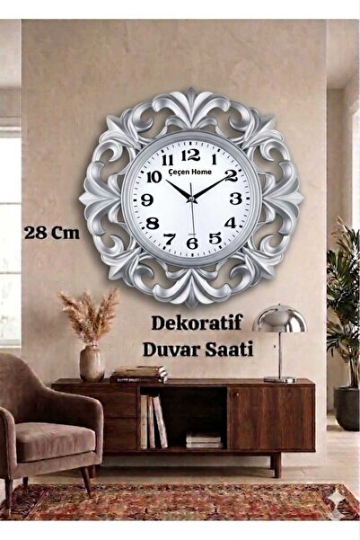 ÇEÇEN HOME (1 Adet) Gri Zarif Desenli Çerçeveli Dekoratif Yuvarlak Duvar Saat...