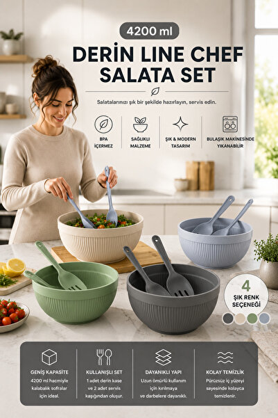 Virela Home Deep Line Chef Salad Set Large Salad Bowl with Serving Spoon Beige