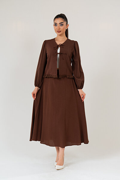 ELAY Fashion Women's Brown Linen Lace Detailed Skirt Suit