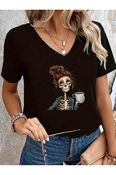 JENOLAN Tricou de damă cu decolteu în V maro Colic Skeleton imprimat