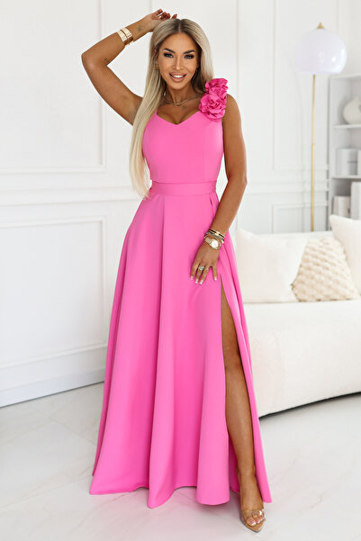 OEM Rochie maxi de seară elegantă cu crestătură și trandafiri - roz bomboană ...