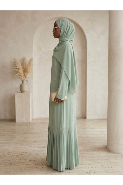 Generic Elegant Sage Green Embellished Pleated Abaya – Modest Luxury Maxi Dress with Matching Hijab